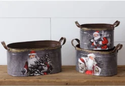 Decorative Set Of 3 Rustic Galvanized Metal Oval Santa Claus Nesting Tins - Christmas Buckets With Handles Party Decoration - Indoor Outdoor Country Farmhouse Pails Xmas Home Decor