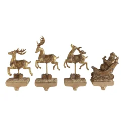 Gold Santa And Reindeer Christmas Stocking Holders, Set Of 4 - Holiday Decoration For Mantel