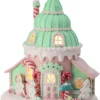 10-Inch LED Light Up Pastel Faux Gingerbread Ice Cream Cone House Tabletop Decoration With Timer, Glitter, Candy Cane Frosting – Prebuilt Lighted Decorative Winter Party Home Decor