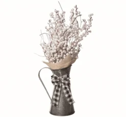 Orchid & Ivy Rustic 18-Inch Faux White Berry Arrangement In Galvanized Metal Pitcher With Black And White Buffalo Plaid Bow