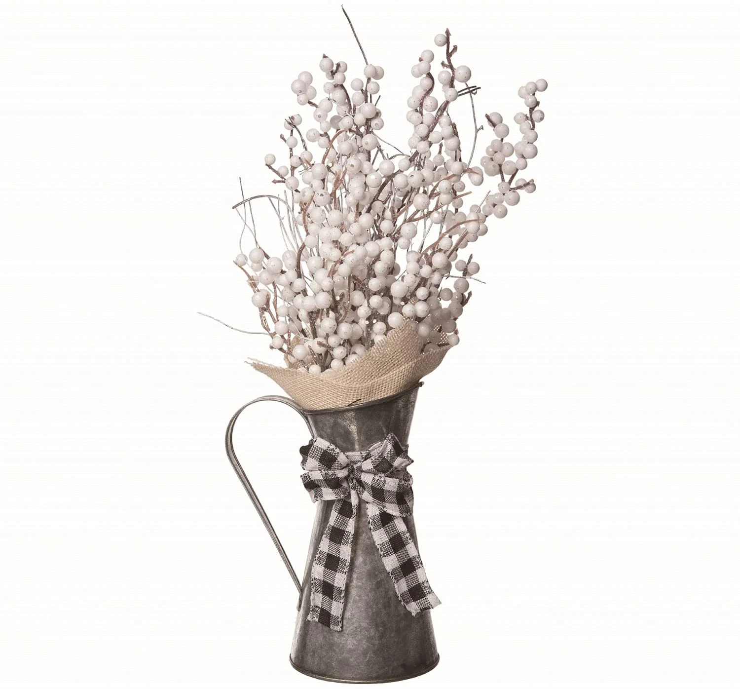 Orchid & Ivy Rustic 18-Inch Faux White Berry Arrangement In Galvanized Metal Pitcher With Black And White Buffalo Plaid Bow 1 Orchid & Ivy Rustic 18-Inch Faux White Berry Arrangement In Galvanized Metal Pitcher With Black And White Buffalo Plaid Bow