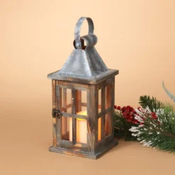 Rustic Pine Wood Lantern With LED Candle And Timer - Tabletop Wedding Or Holiday Decoration