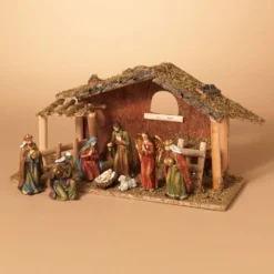 Traditional Christmas Nativity Scene With Mossy Wooden Creche - Tabletop Holiday Decoration, Set Of 8 Figures