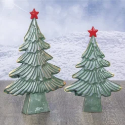 Set Of 2 14-Inch And 12-Inch Vintage Rustic Green Metal Decorative Christmas Trees With Red Star Toppers - Xmas Ornament For Tabletop, Mantel Or Shelf Decoration - Festive Home Decor