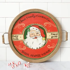 Wood Claus Family Cookie Co. Vintage Santa Serving Tray With Handles - Decorative Round Wooden Christmas Party Platter - Rustic Old Fashioned Country Xmas Kitchen Home Decor