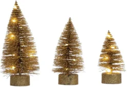 Set Of 3 LED Light Up Decorative Gold Bottle Brush Christmas Trees 4-Inch, 5-Inch, And 6-Inch With Glitter Finish - Elegant Table Desk Mantel Decoration - Small Party Home Decor