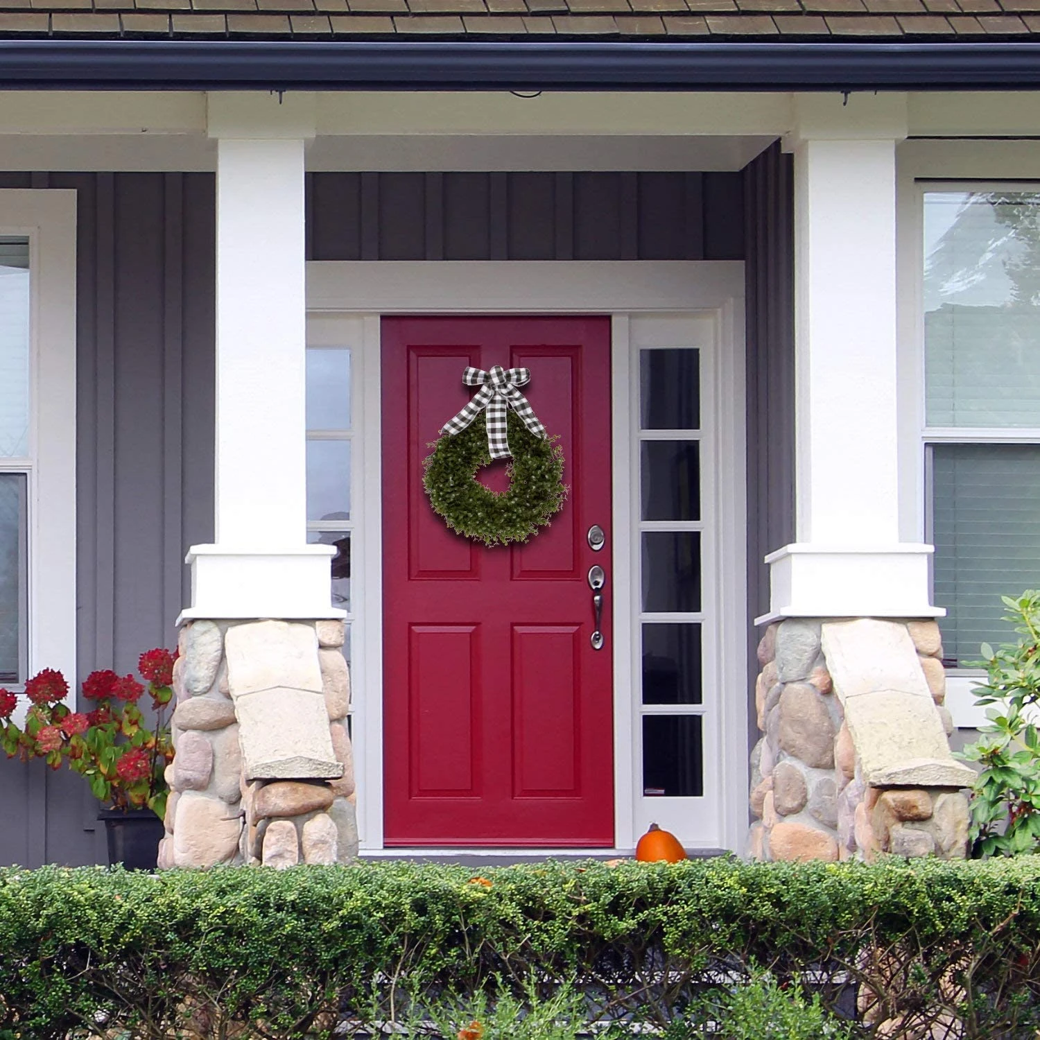 Orchid & Ivy 18-Inch Green Artificial Boxwood Wreath With Black/White Plaid Hanging Ribbon - Outdoor Indoor All-Weather Farmhouse Decor Front Door Wall Hanging Christmas Decoration 3 Orchid & Ivy 18-Inch Green Artificial Boxwood Wreath With Black/White Plaid Hanging Ribbon - Outdoor Indoor All-Weather Farmhouse Decor Front Door Wall Hanging Christmas Decoration - Image 3