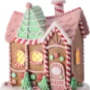 9-Inch LED Light Up Faux Gingerbread Chalet House Tabletop Decoration With Timer, Colorful Frosting Accents And Glitter Finish – Prebuilt Lighted Decorative Winter Party Home Decor