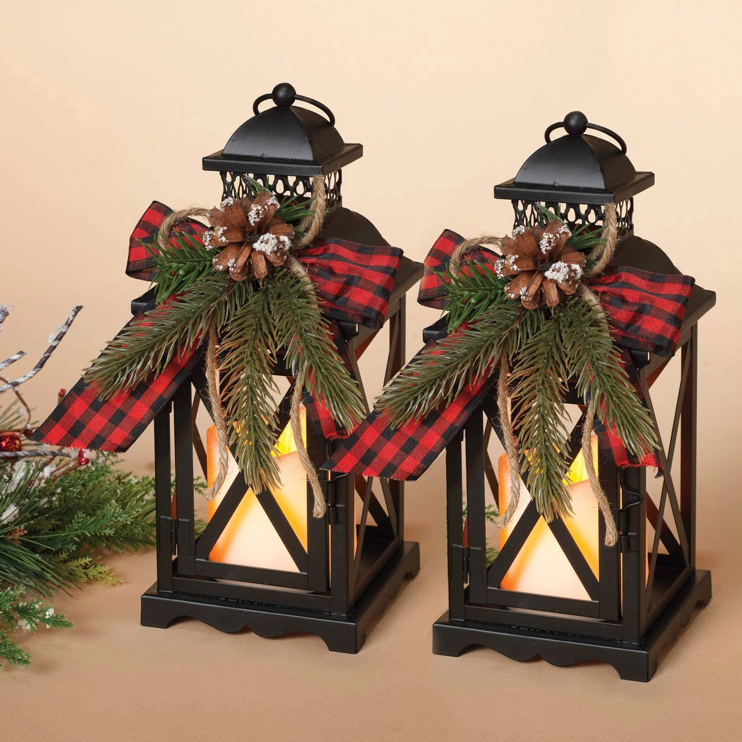 Set Of 2 10.5-Inch Rustic Metal Lighted Holiday Lantern Candle Holders With Greenery And Ribbon Accents And Timer – Hanging Or Tabletop LED Christmas Decoration – Indoor Outdoor Winter Home Decor 1 Set Of 2 10.5-Inch Rustic Metal Lighted Holiday Lantern Candle Holders With Greenery And Ribbon Accents And Timer – Hanging Or Tabletop LED Christmas Decoration – Indoor Outdoor Winter Home Decor