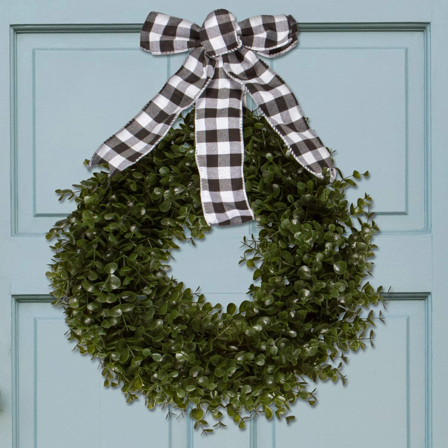 Orchid & Ivy 18-Inch Green Artificial Boxwood Wreath With Black/White Plaid Hanging Ribbon - Outdoor Indoor All-Weather Farmhouse Decor Front Door Wall Hanging Christmas Decoration 1 Orchid & Ivy 18-Inch Green Artificial Boxwood Wreath With Black/White Plaid Hanging Ribbon - Outdoor Indoor All-Weather Farmhouse Decor Front Door Wall Hanging Christmas Decoration