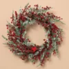 Holiday Red Berry And Snowy Greenery Wreath With Cardinal For Front Door - Hanging Christmas Decoration