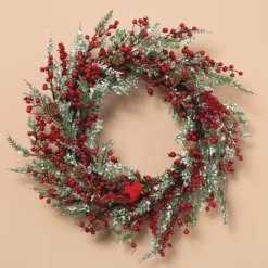 Holiday Red Berry And Snowy Greenery Wreath With Cardinal For Front Door - Hanging Christmas Decoration