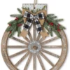 Orchid & Ivy 18-Inch Rustic Wood And Metal Holiday Wagon Wheel Ornament Front Door Wreath With Pine And Bow Accents - Country Christmas Decoration - Farmhouse Winter Wall Decor