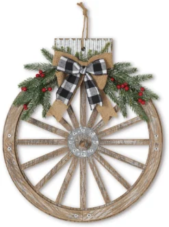 Orchid & Ivy 18-Inch Rustic Wood And Metal Holiday Wagon Wheel Ornament Front Door Wreath With Pine And Bow Accents - Country Christmas Decoration - Farmhouse Winter Wall Decor