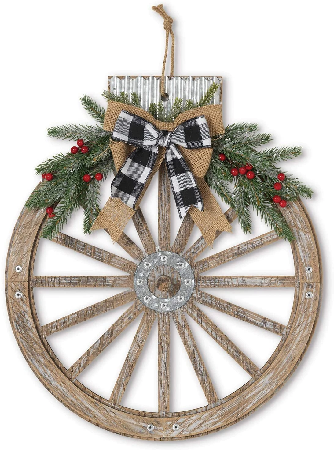 Orchid & Ivy 18-Inch Rustic Wood And Metal Holiday Wagon Wheel Ornament Front Door Wreath With Pine And Bow Accents - Country Christmas Decoration - Farmhouse Winter Wall Decor 1 Orchid & Ivy 18-Inch Rustic Wood And Metal Holiday Wagon Wheel Ornament Front Door Wreath With Pine And Bow Accents - Country Christmas Decoration - Farmhouse Winter Wall Decor