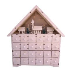 LED Lighted White Wooden Bavarian Village Scene Advent Calendar - Christmas Decoration With 24 Storage Drawers