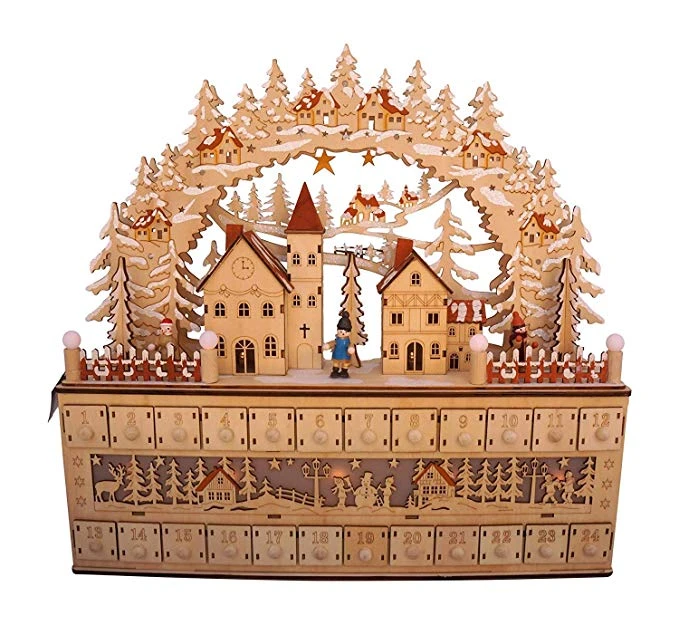 Lighted Wooden Bavarian Village Scene Advent Calendar - Christmas Decoration With 24 Storage Drawers 1 Lighted Wooden Bavarian Village Scene Advent Calendar - Christmas Decoration With 24 Storage Drawers
