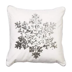 White Christmas Throw Pillow With Silver Sequin Snowflake - Decorative Holiday Accent Pillow