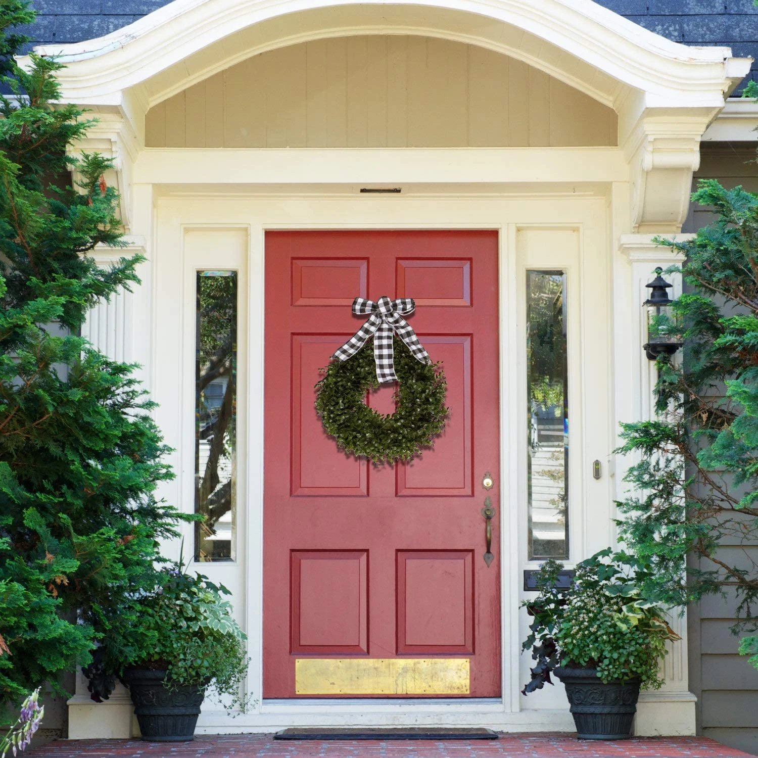 Orchid & Ivy 18-Inch Green Artificial Boxwood Wreath With Black/White Plaid Hanging Ribbon - Outdoor Indoor All-Weather Farmhouse Decor Front Door Wall Hanging Christmas Decoration 4 Orchid & Ivy 18-Inch Green Artificial Boxwood Wreath With Black/White Plaid Hanging Ribbon - Outdoor Indoor All-Weather Farmhouse Decor Front Door Wall Hanging Christmas Decoration - Image 4