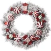 Flocked Red And White Peppermint Candy Christmas Wreath With Snowy Greenery - Hanging Holiday Decoration