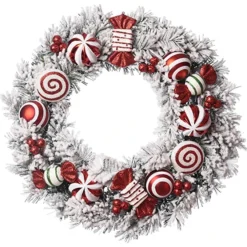 Flocked Red And White Peppermint Candy Christmas Wreath With Snowy Greenery - Hanging Holiday Decoration