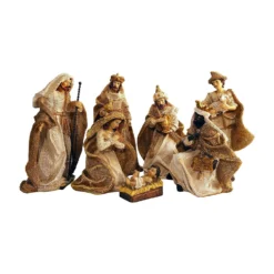 Gold Metallic Glittered Burlap Christmas Nativity Scene, Set Of 7 Rearrangeable Figures