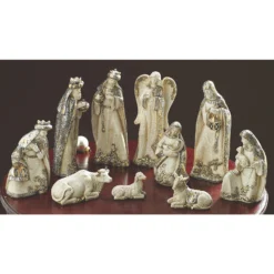 Hand-Painted Metallic Ivory And Silver Christmas Nativity Set, 10-Piece Holiday Decoration