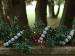 9-Foot Vintage Rustic Matte Light Gray Wood Bead Garland Christmas Tree Decoration -Night Christmas Shop MatteGrayGarlandonRailing