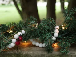9-Foot Long Rustic Matte White Wood Bead Garland Christmas Tree Decoration -Night Christmas Shop MatteWhiteGarlandonRailing