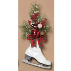 Vintage White Christmas Ice Skate With Greenery And Red Bow - Hanging Holiday Decoration