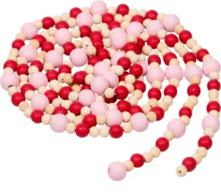 9-Foot Rustic Red Pink And Unfinished Valentines Day Wood Bead Garland Christmas Tree Decoration