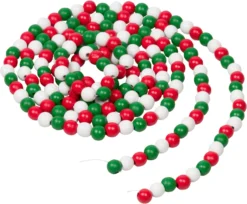 9-Foot Rustic Bright Red, White And Green Wood Bead Garland Christmas Tree Decoration