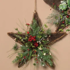 Rustic Twig Star Wreath With Christmas Greenery And Berries For Front Door - Hanging Holiday Decoration