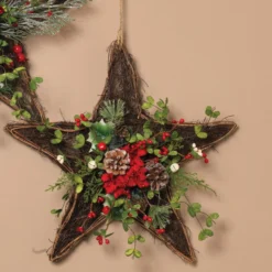 Rustic Twig Star Wreath With Christmas Greenery And Berries For Front Door - Hanging Holiday Decoration -Night Christmas Shop Red Flowers
