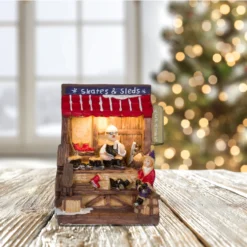 Miniature LED Light-Up Christmas Shops Holiday Decorations (Skates & Sleds) -Night Christmas Shop SkatesandSledsonBkgd