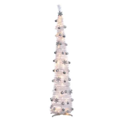 6-Foot High Pop Up Pre-Lit Decorated Narrow White Tree With Warm White Lights