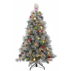 4.5Ft. Pre-Lit Flocked Hard Needle Pine With Ornaments And 50 G40 LED Glass Bulbs