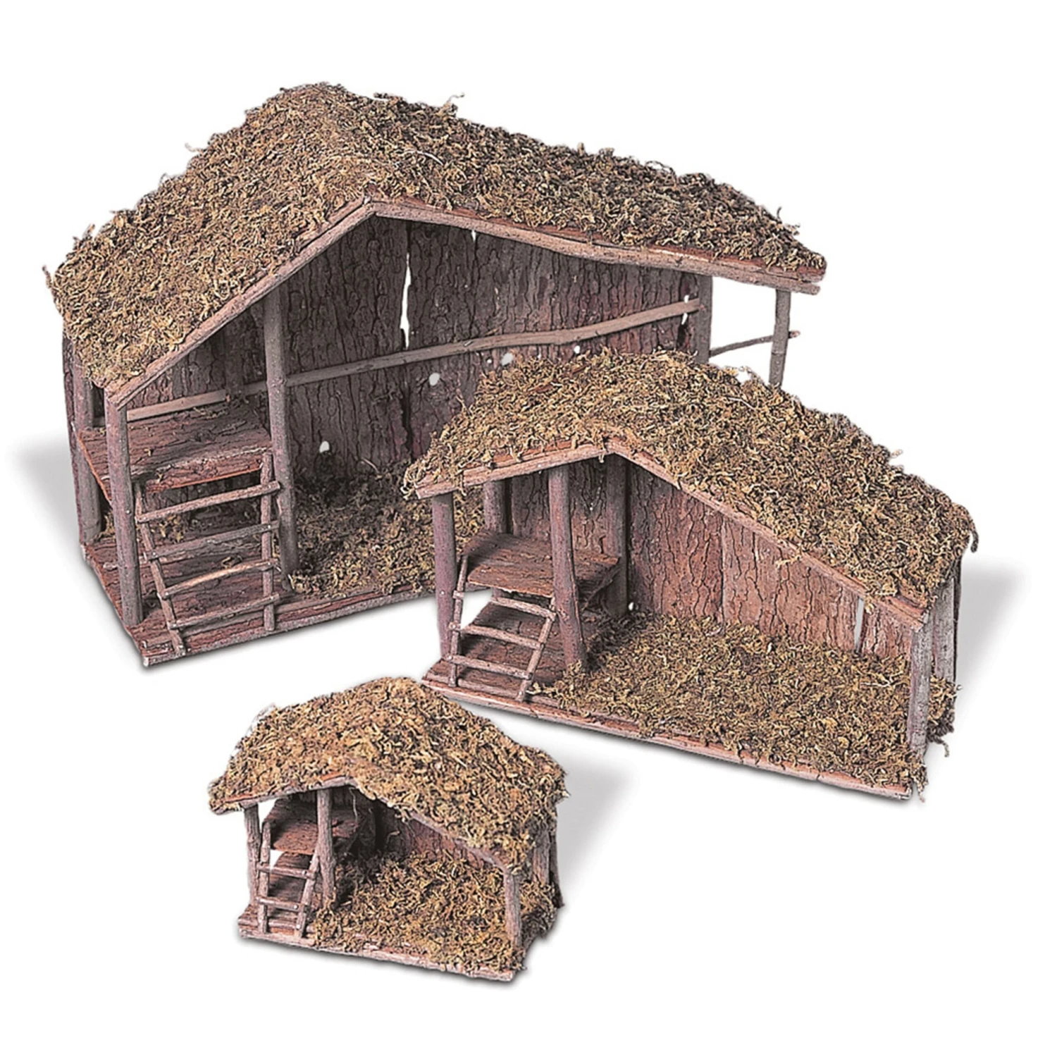 Nested Wood Nativity Stables With Moss-Covered Roof (set Of 3) 1 Nested Wood Nativity Stables With Moss-Covered Roof (set Of 3)